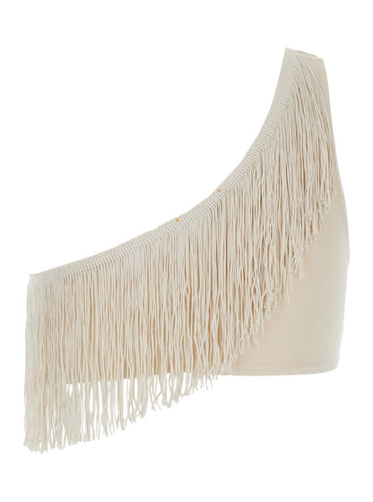Beige One-Shoulder Top With Fringe Embellishments In Tech Fabric Stretch Woman