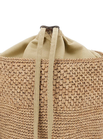'Maika' Beige Bucket Bag With Top Closure With Drawstring In Raffia Woman