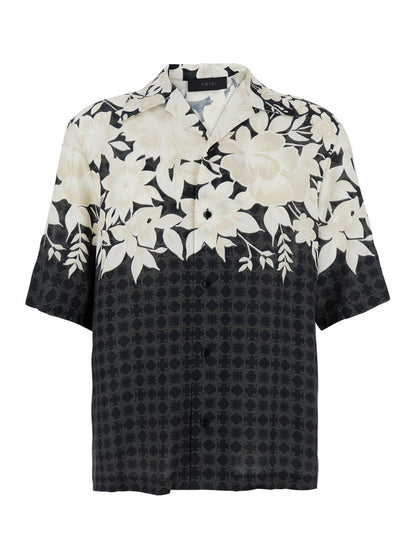 'Garden' Black Bowling Shirt With Cuban Collar And All-Over Floral Print In Tech Fabric Man