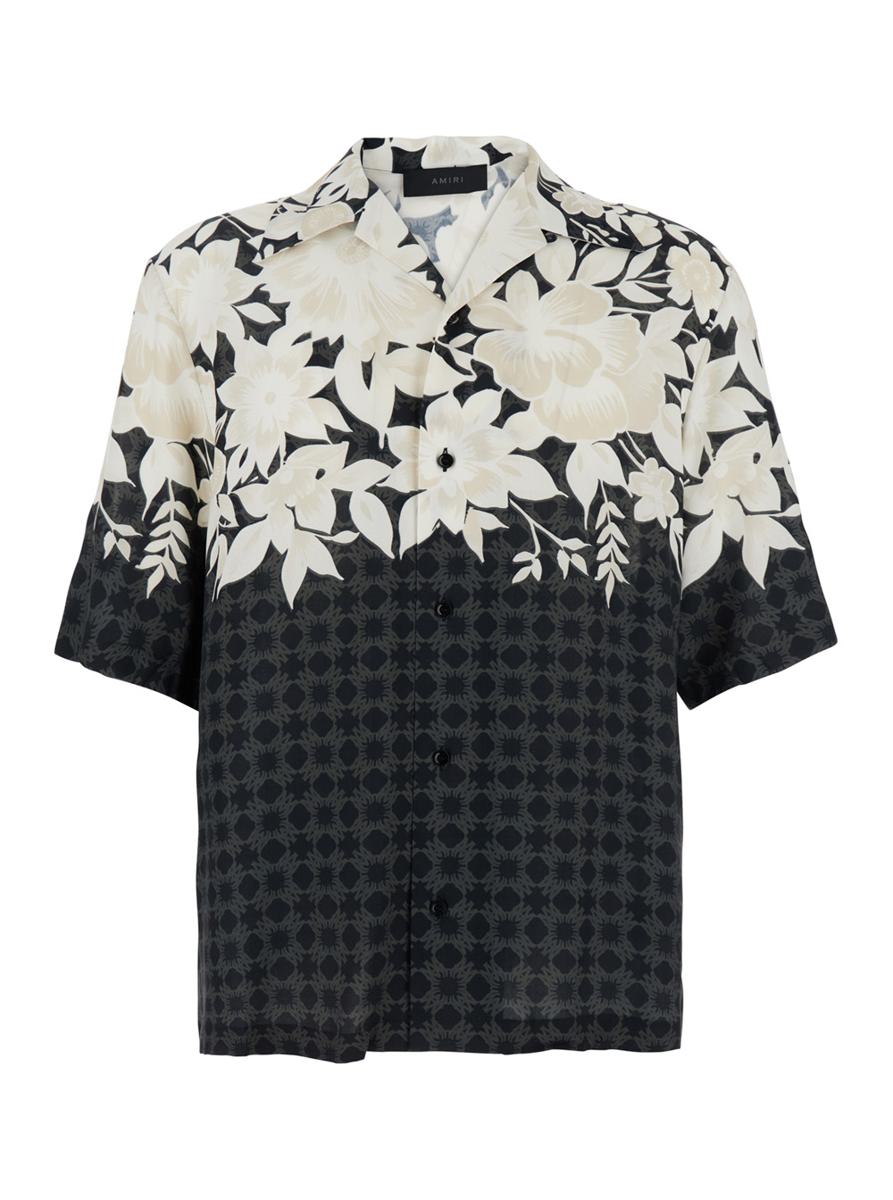 'Garden' Black Bowling Shirt With Cuban Collar And All-Over Floral Print In Tech Fabric Man