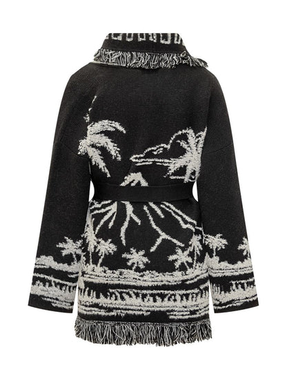 Alanui Alanui Black Cardigan With Tropical Pattern And Fringes