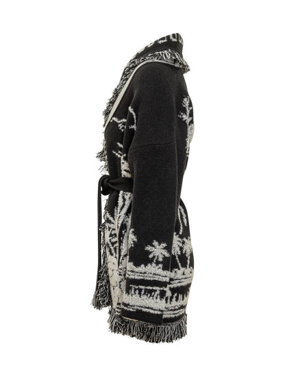 Alanui Alanui Black Cardigan With Tropical Pattern And Fringes