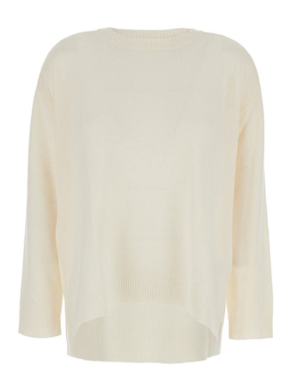 White Crewneck Sweater With Asymmetric Hem In Wool And Cashmere Woman