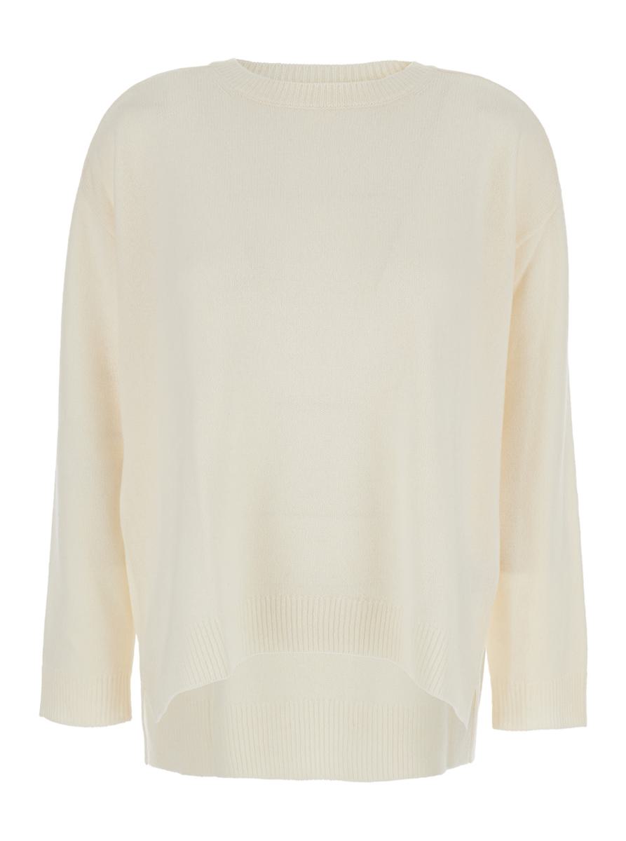 White Crewneck Sweater With Asymmetric Hem In Wool And Cashmere Woman