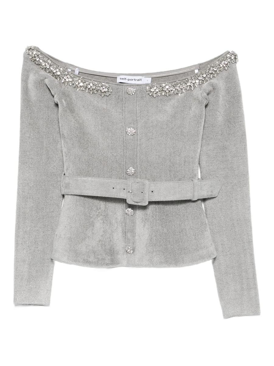 Self-Portrait Grey Chenille Knit Crystal Trim Top Clothing