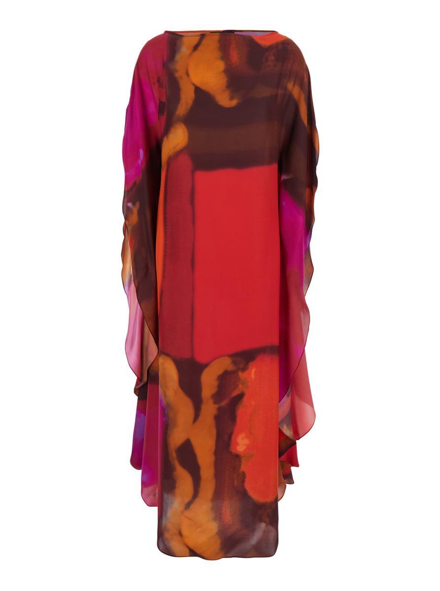 'Iris' Multicolor Long Dress With Boat Neckline And All-Over Print In Silk Woman
