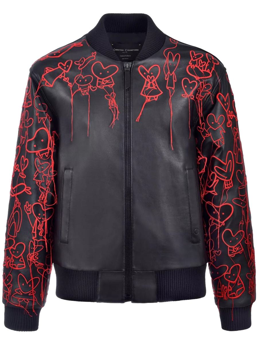 Christina Crawford Heart Embroidery Leather Bomber Jacket Clothing