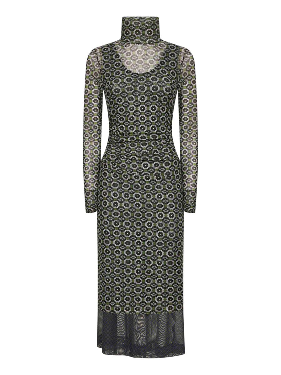 Dries Van Noten Green Printed Mesh Layered Midi Dress
