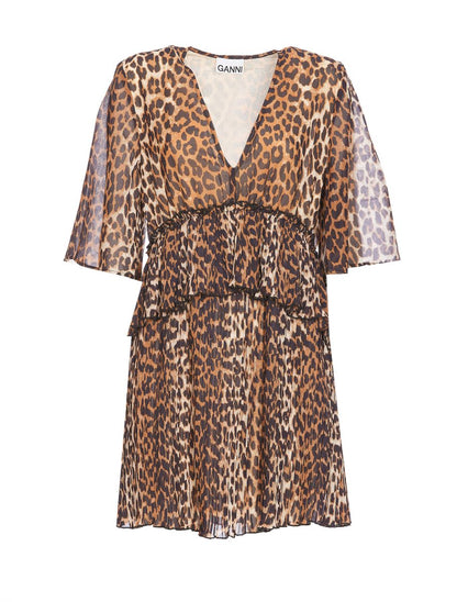 Ganni Pleated Georgette V-Neck Flounce Mini Dress