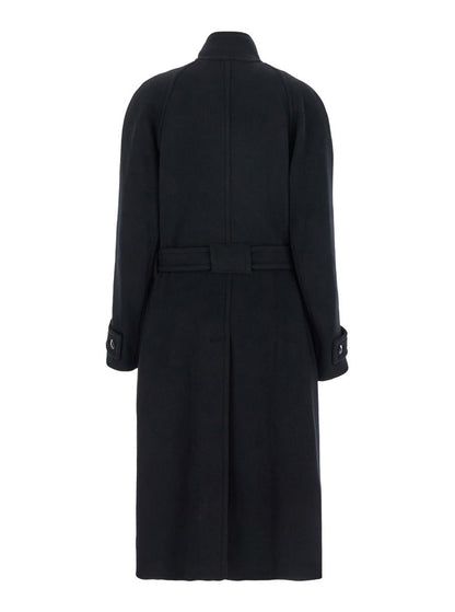 Black Double-Breasted Coat With Removable Belt And Wraparound Design In Wool Blend Woman