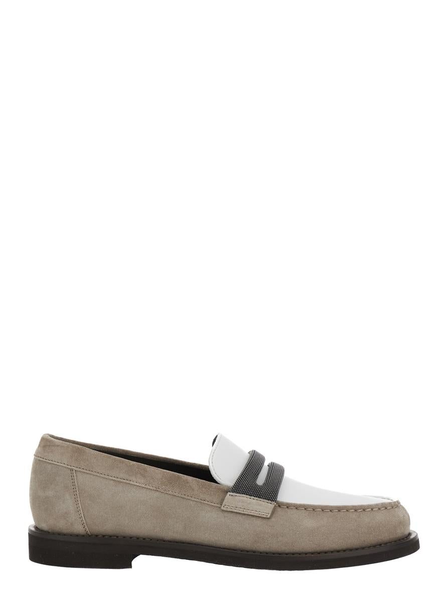 Beige Loafers With Monile Detail And Chain In Suede Woman