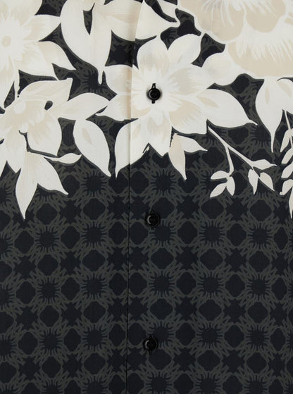 'Garden' Black Bowling Shirt With Cuban Collar And All-Over Floral Print In Tech Fabric Man