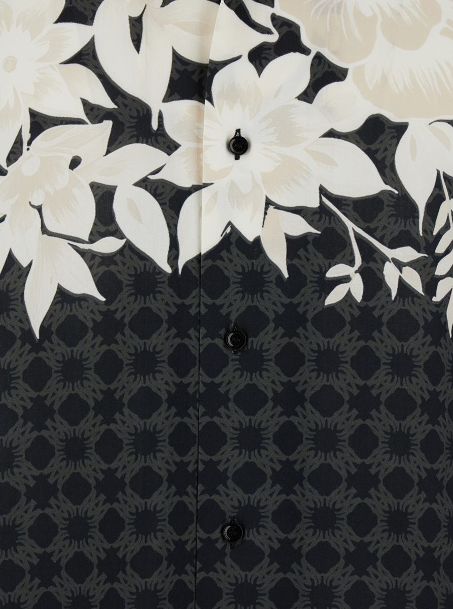 'Garden' Black Bowling Shirt With Cuban Collar And All-Over Floral Print In Tech Fabric Man