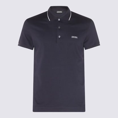 Zegna Navy Blue And White Cotton Polo Shirt