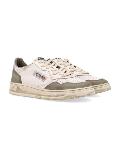 Autry Medalist Low Super Vintage Sneakers In White, Silver, And Hunter Green Lizard Suede