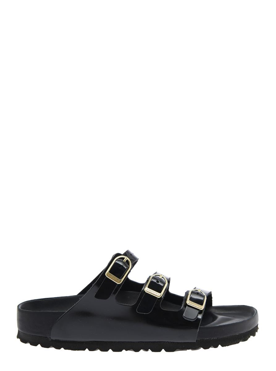 'Florida' Black Sandals With Adjustable Buckle Closure And Three Straps In Leather Woman