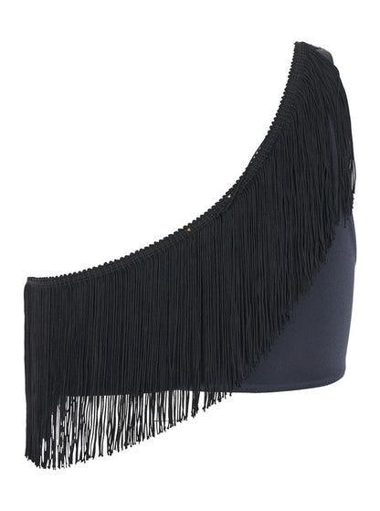 Black One-Shoulder Top With Fringe Embellishments In Tech Fabric Stretch Woman