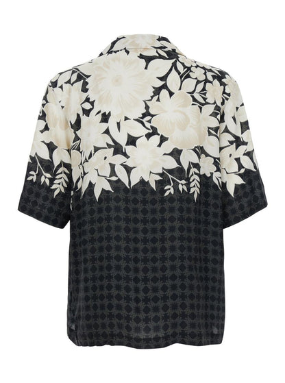 'Garden' Black Bowling Shirt With Cuban Collar And All-Over Floral Print In Tech Fabric Man
