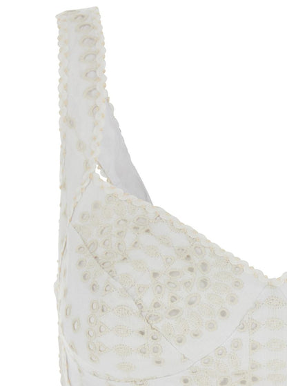 'Goldie' White Top With V-Neck On The Front And Perforated Design In Cotton And Linen Blend Woman