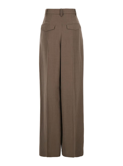 Brown Pants With Pleated Details In Linen Blend Woman