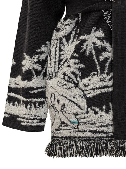 Alanui Alanui Black Cardigan With Tropical Pattern And Fringes