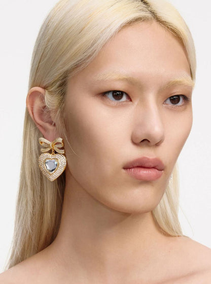Gold Bow Crystal Heart Earrings