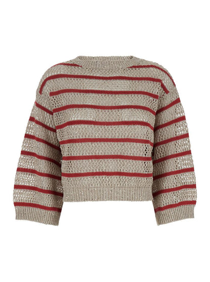 'Dazzling Striped' Beige Sweater With Stripe Motid And Openwork Design In Linen Woman