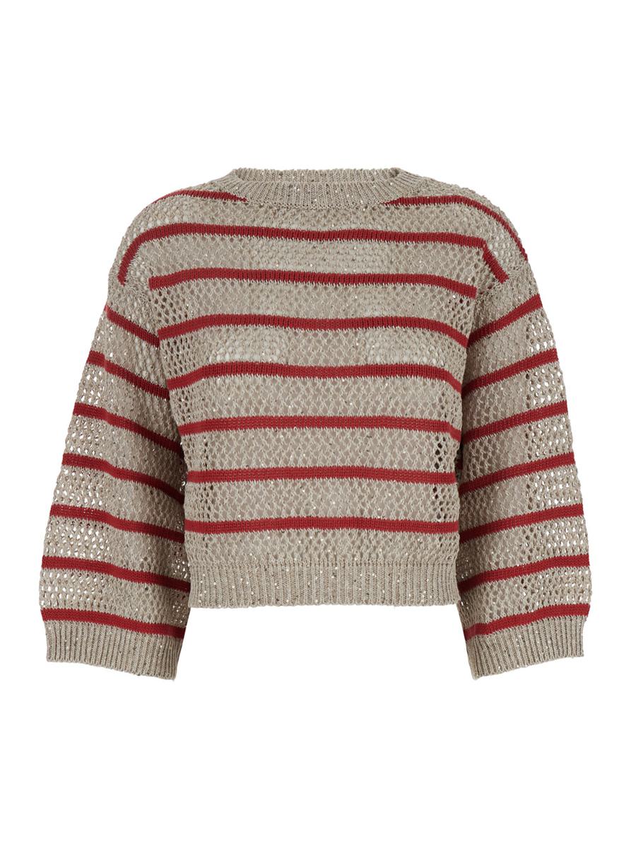 'Dazzling Striped' Beige Sweater With Stripe Motid And Openwork Design In Linen Woman