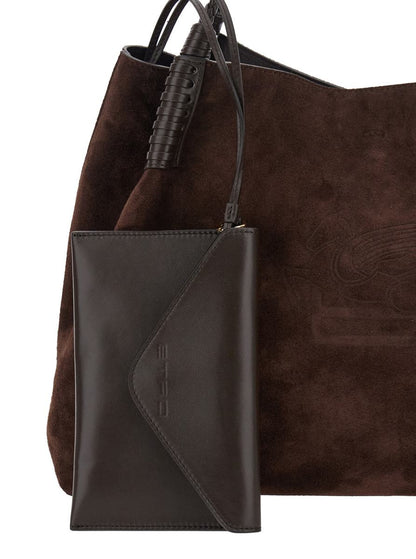 'Libra' Brown Big Shoulder Bag With Logo Embroidery On The Front And Braided Handles In Suede Woman