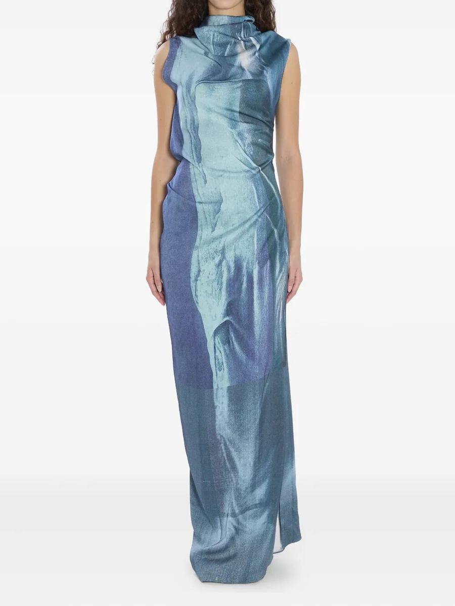 Jean Paul Gaultier Printed Long Sleeveless Satin Dress With Cuffling Detail On The Back Clothing