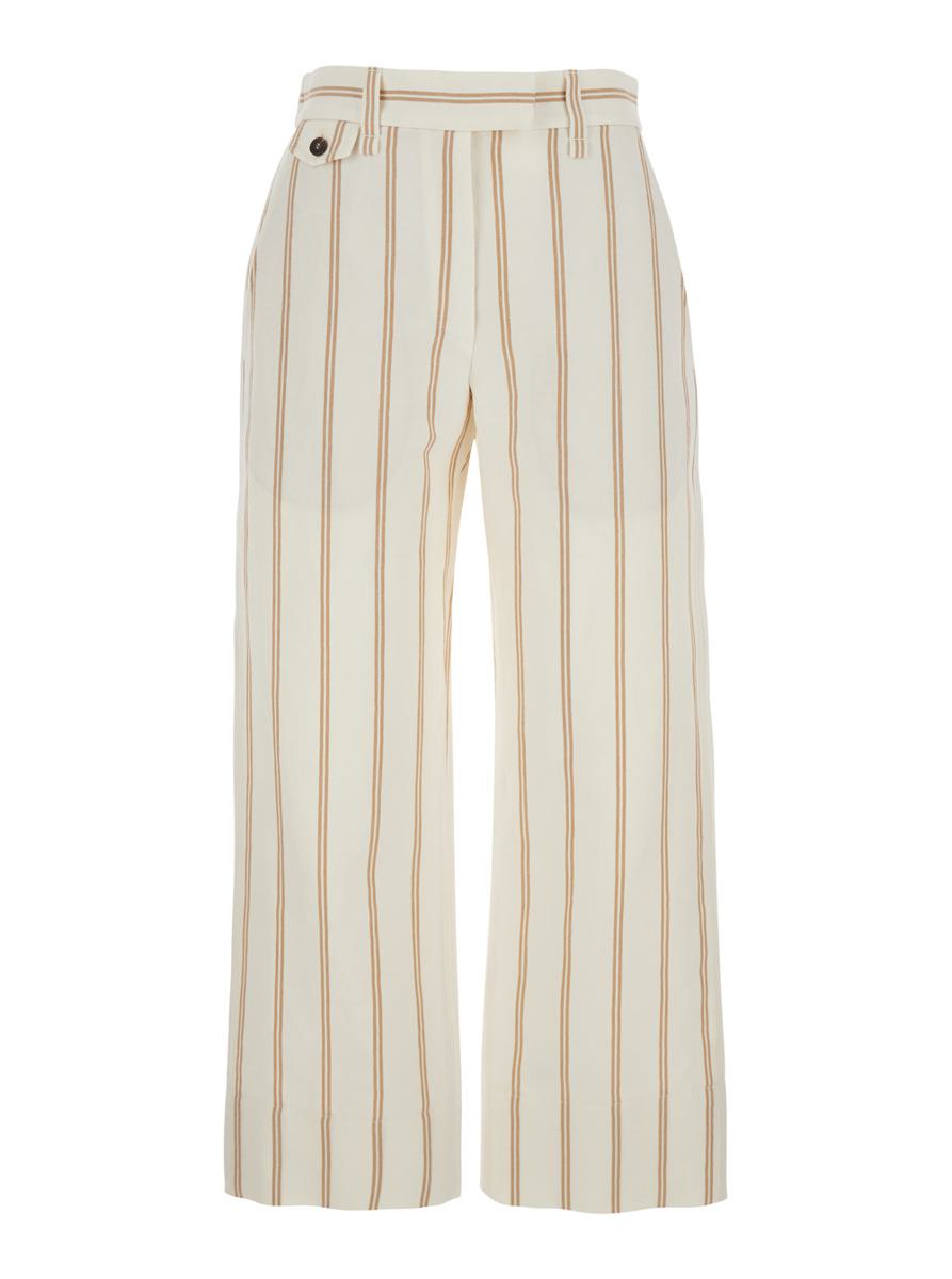 Multicolor Crop Pants With All-Over Striped Motif And Monile Detail In Linen And Cotton Blend Woman