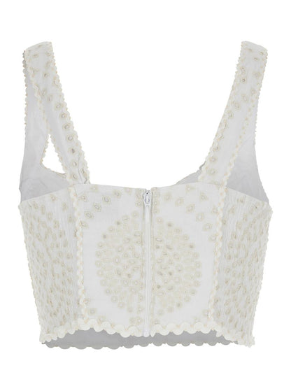 'Goldie' White Top With V-Neck On The Front And Perforated Design In Cotton And Linen Blend Woman