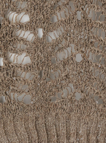 'Dazzling' Brown Round Neck Sweater With Open Stitch And Beaded Decorations In Linen Blend Woman